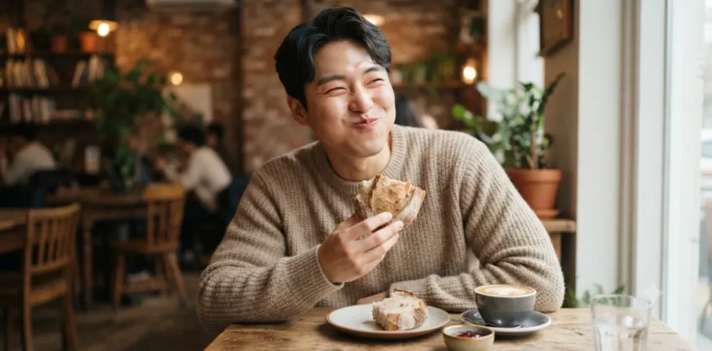 위장에 좋은 침샘 소화효소 분비를 늘리려고 빵을 오래 씹고 있는 모습
