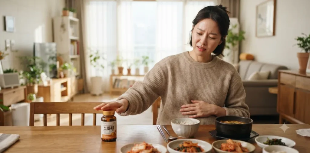 위산 과다 분비 현상을 막기 위해서 의존하던 위장약을 손으로 치우는 모습
