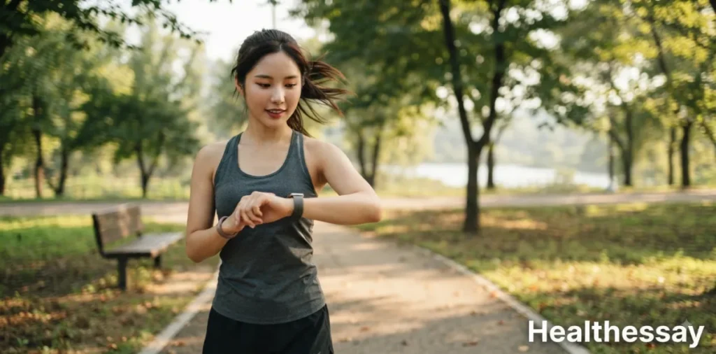 공복 유산소 운동 효과와 근손실 없이 체지방 2배 태우는 방법 5 체지방 2배 태우는 심박수를 유지하기 위해 손목의 스마트워치를 확인하는 모습