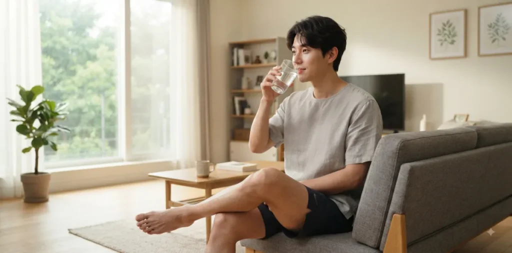 공복 유산소 운동 효과와 근손실 없이 체지방 2배 태우는 방법 7 아침 공복 다이어트 전 혈액순환과 신진대사를 돕기 위해 미지근한 물을 마시는 장면