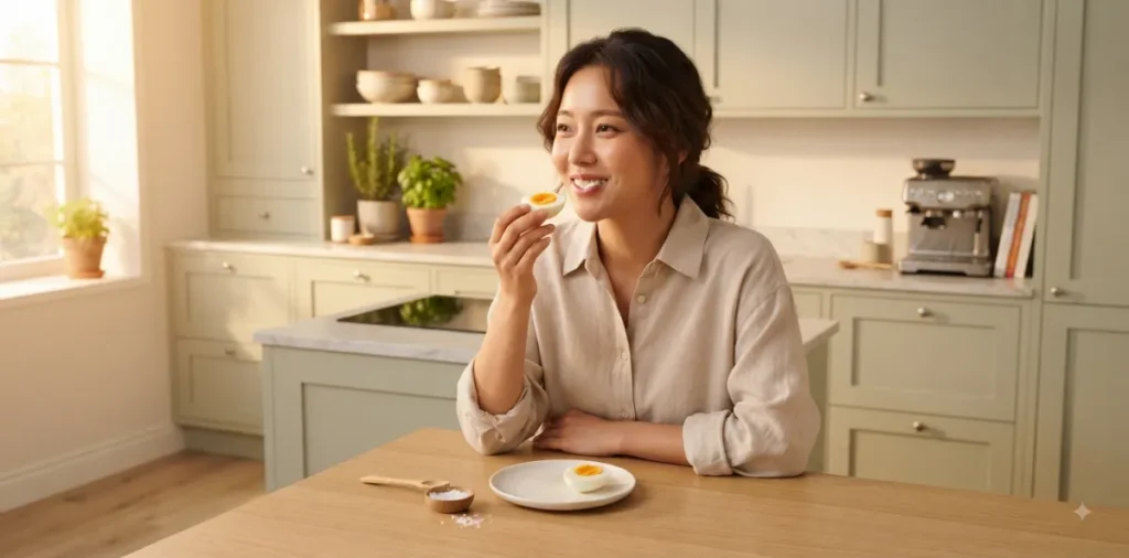 공복 유산소 운동 효과와 근손실 없이 체지방 2배 태우는 방법 6 공복 유산소 근손실을 막으려 운동 후 껍질 벗긴 삶은 달걀을 맛있게 먹는 장면