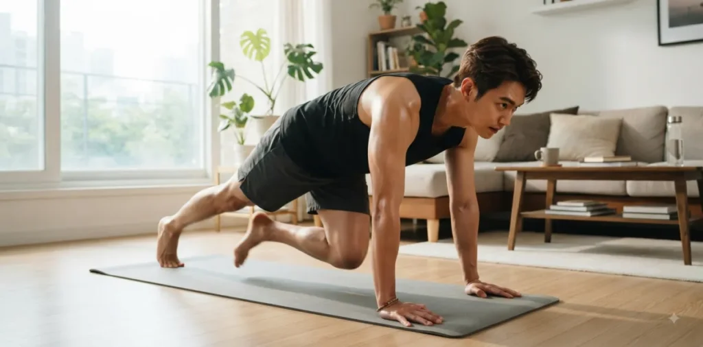 뱃살 내장지방 빼는 운동 실천을 위해 거실 바닥에서 마운틴 클라이머 하는 모습