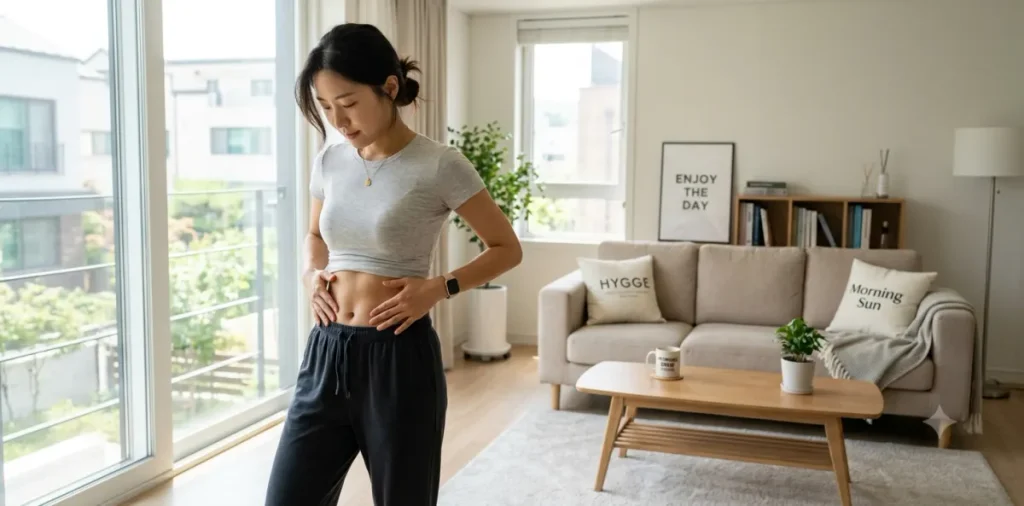 코어 근육 강화를 실천한 후 탄탄해진 자신의 복부를 손으로 짚어보는 모습