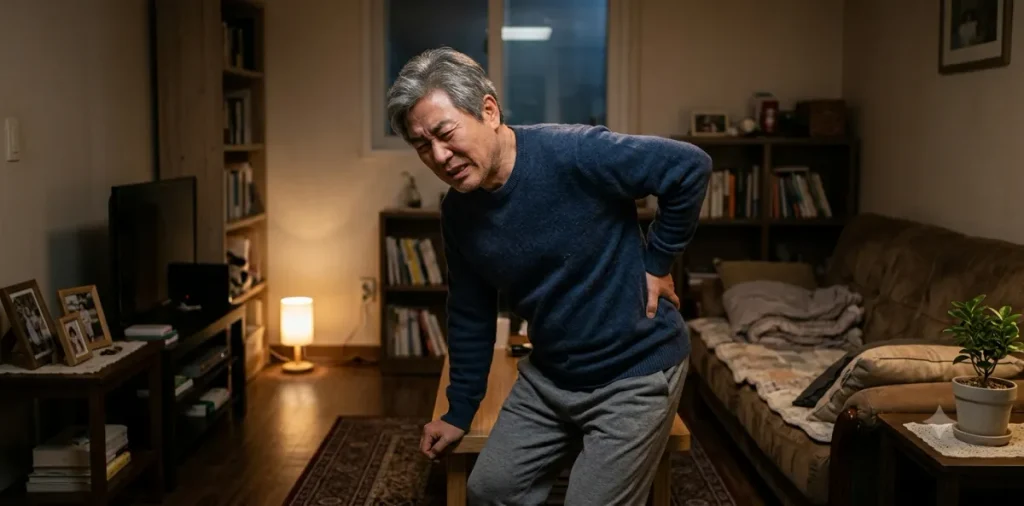 잘못된 훈련으로 인해 뻐근해진 허리를 두 손으로 꽉 감싸 쥐며 아파하는 모습