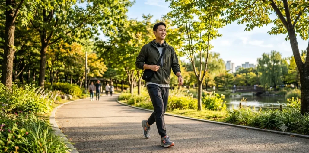 소화가 잘되길 바라면서 밥을 먹고 동네 공원을 아주 가볍게 산책하는 모습