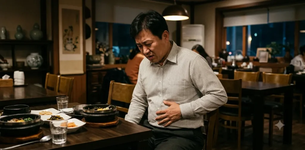 무거운 위장 때문에 밥을 먹은 뒤 아랫배가 심하게 처져서 뻐근함을 느끼는 모습