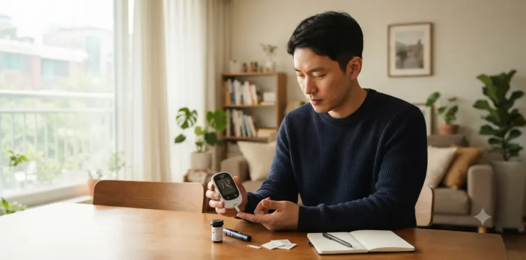 만보 걷기 다이어트 효과 확실한 식후 혈당 스파이크 잡기 4 걷기 칼로리 소모 후 거실에서 혈당 수치를 확인하며 미소 짓는 남성의 모습