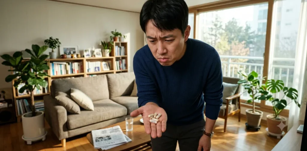 소화불량 원인이 매일 먹는 영양제 때문인지 의심하며 심각하게 고민하는 모습