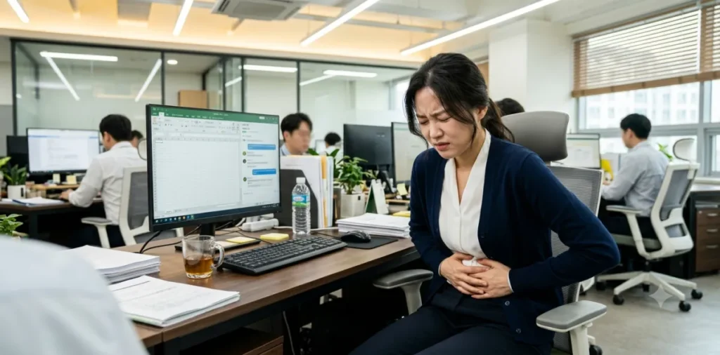 소장 세균 과증식 현상 때문에 사무실에서 일하다가 갑자기 배를 부여잡는 모습