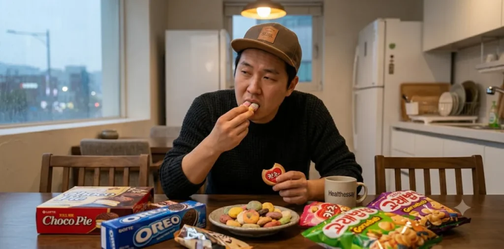 유해균의 먹이가 되는 단맛이 강한 간식을 늦은 밤에 아주 무분별하게 먹는 모습