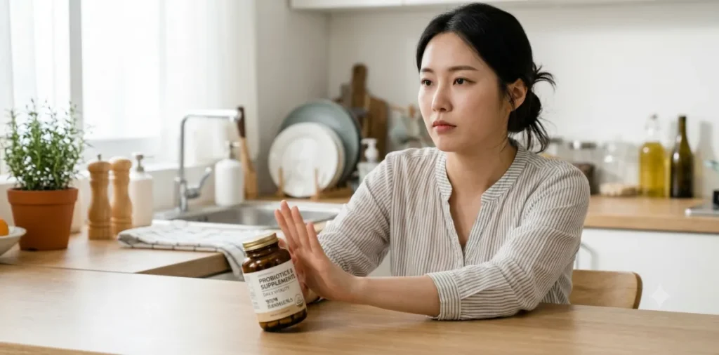 심각한 복부 팽만감을 느껴 평소 챙겨 먹던 영양제 병을 멀리 밀어버리는 모습