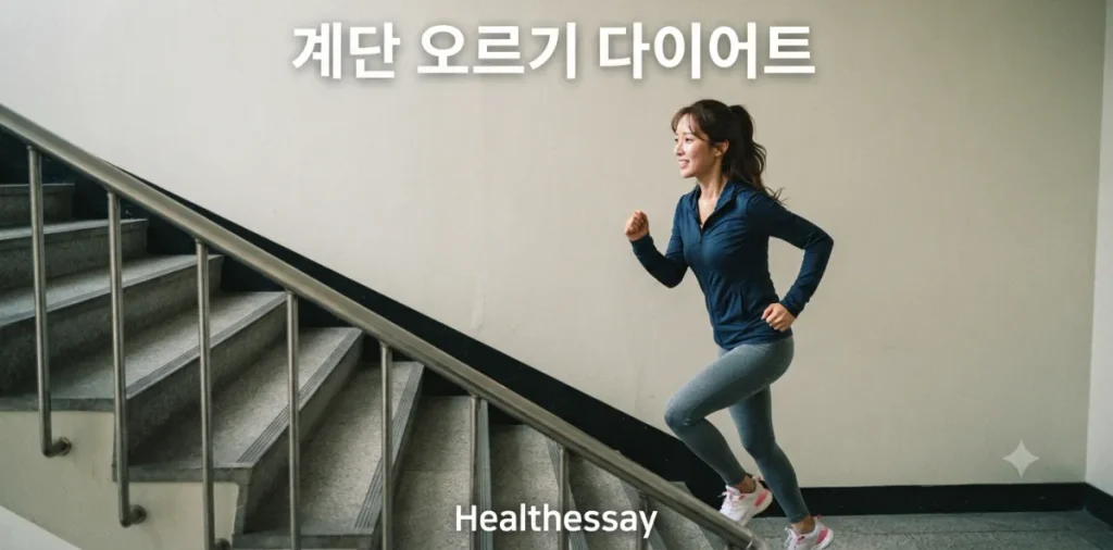 계단 오르기 다이어트 효과 및 무릎 통증 예방하는 올바른 자세 2 계단 오르기 다이어트 효과를 높이려 아파트 계단을 씩씩하게 걸어 올라가는 모습