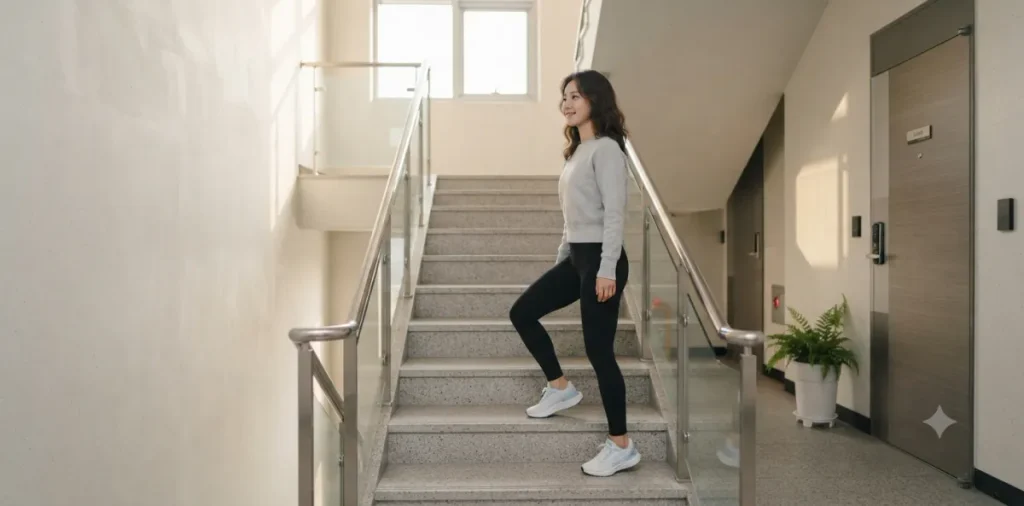 계단 오르기 다이어트 효과 및 무릎 통증 예방하는 올바른 자세 5 바른 자세로 발바닥 전체를 밀착시킨 채 한 칸씩 힘차게 딛고 위로 올라가는 모습