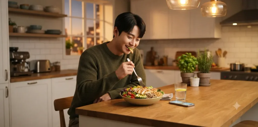 계단 오르기 다이어트 효과 및 무릎 통증 예방하는 올바른 자세 6 운동을 마치고 주방에서 신선한 샐러드 건강 식단을 알차게 챙겨서 맛있게 먹는 모습