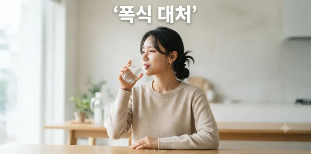 치팅데이 폭식 후 대처법, 골든타임 급찐급빠 붓기 제거 2 치팅데이 폭식 후 대처법을 위해 물을 마시며 수분 정체 현상을 관리하는 여성의 모습