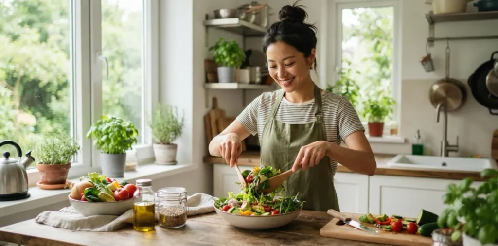 치팅데이 폭식 후 대처법, 골든타임 급찐급빠 붓기 제거 4 건강한 치팅데이 다음날 식단 실천을 위해 주방에서 샐러드를 준비하는 여성의 모습