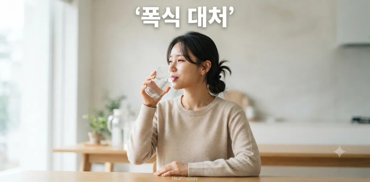 치팅데이 폭식 후 대처법을 위해 물을 마시며 수분 정체 현상을 관리하는 여성의 모습
