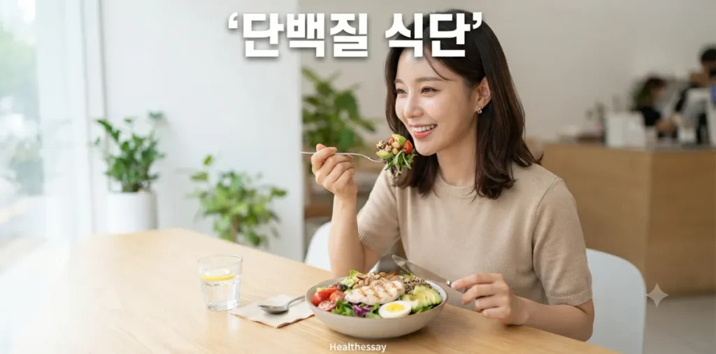 단백질 하루 권장 섭취량을 채우며 샐러드를 맛있게 먹고 있는 여성의 밝은 모습