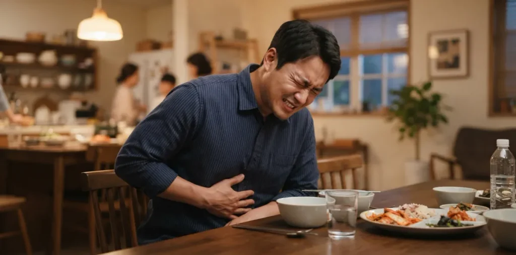 단백질 소화불량 원인으로 인해 식탁에서 배를 부여잡고 불편해하는 남성의 모습