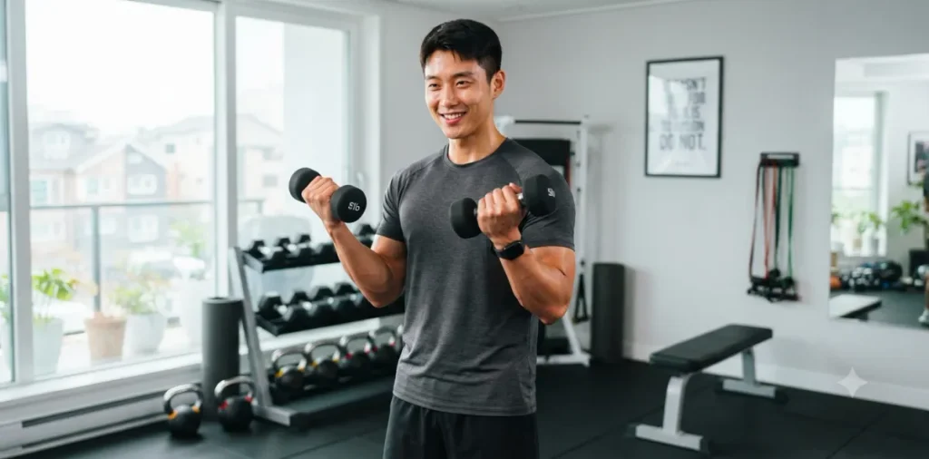 근손실 방지 식단을 지키며 가벼운 덤벨을 들고 열심히 운동하는 남성의 모습