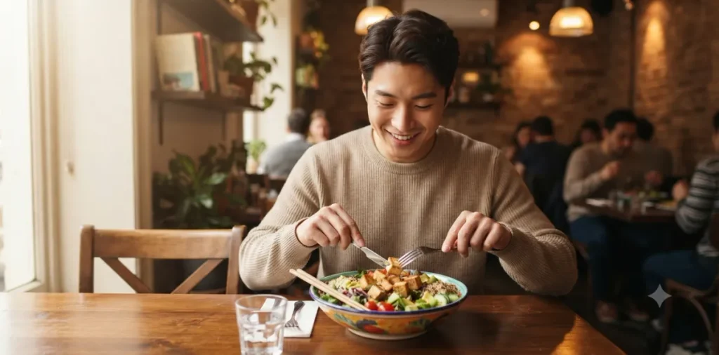 닭가슴살 대체 소화 단백질인 두부 샐러드를 식당에서 맛있게 먹는 남성의 모습