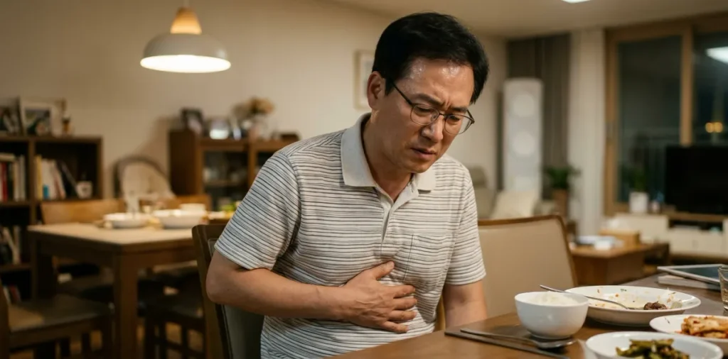 고기를 먹은 후 속이 몹시 답답한 위장 약한 다이어트 과정에서 고생하는 모습