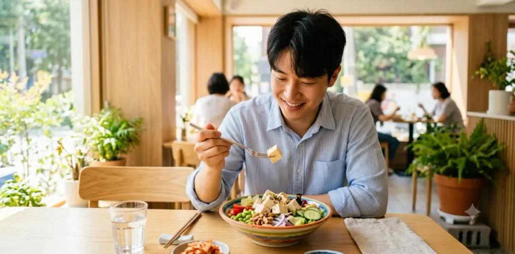 건강한 근손실 방지 목표를 달성하기 위해 부드러운 식물성 식품을 먹는 모습