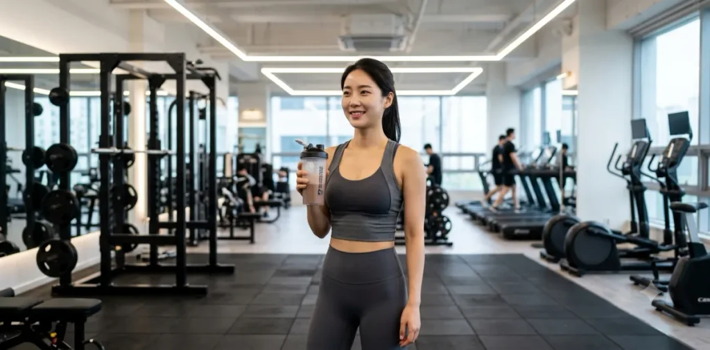 운동을 마친 후 단백질 보충제 가스 유발이 적은 제품을 골라 꼼꼼히 섞는 모습