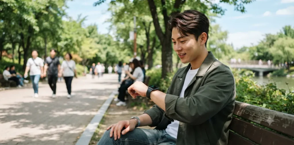 공복 유산소 근손실 완벽 방어, 골든타임과 체지방 연소 심박수 4 정확한 공복 운동 시간 규정을 지키기 위해 스마트워치 화면을 집중해서 보는 모습
