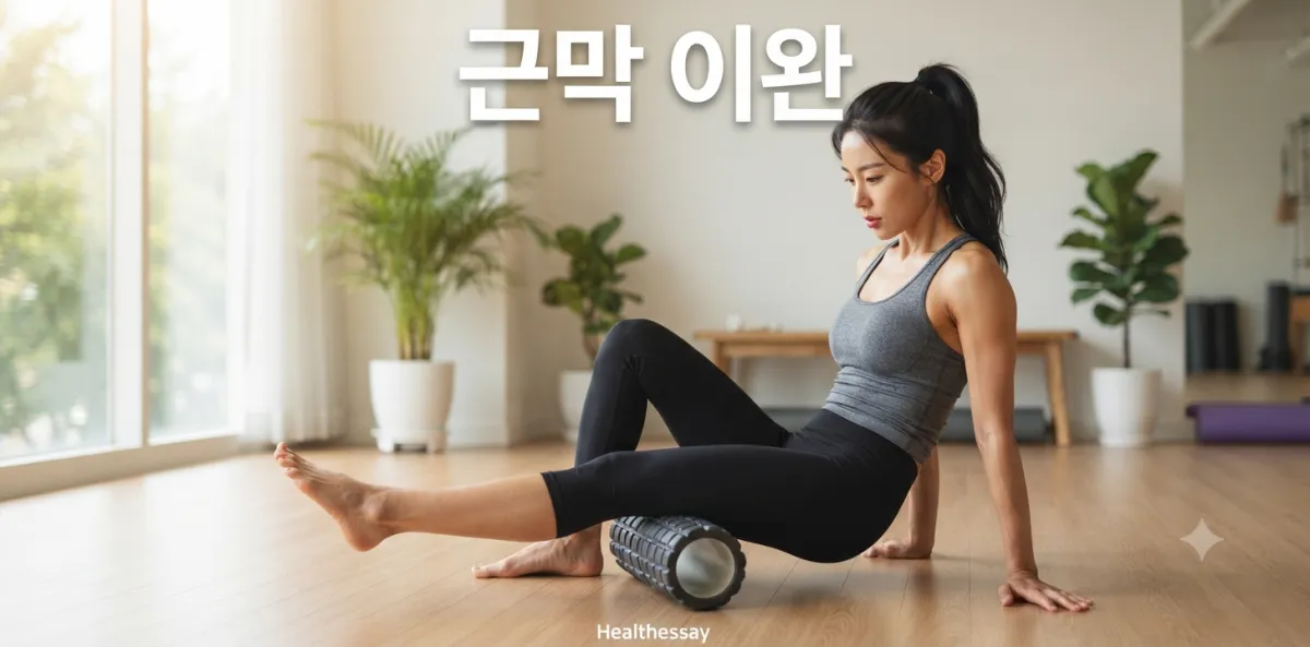 폼롤러 스트레칭 효과를 높이기 위해 매트 위에서 근막 이완을 하는 여성의 모습