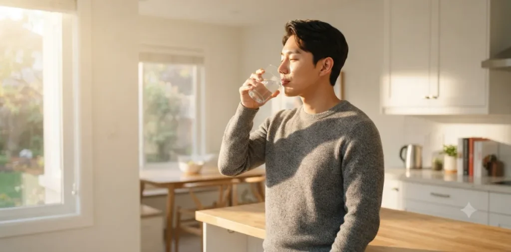 아침 공복 유산소 근손실 현상을 방지하기 위해 물을 충분히 마셔주는 모습
