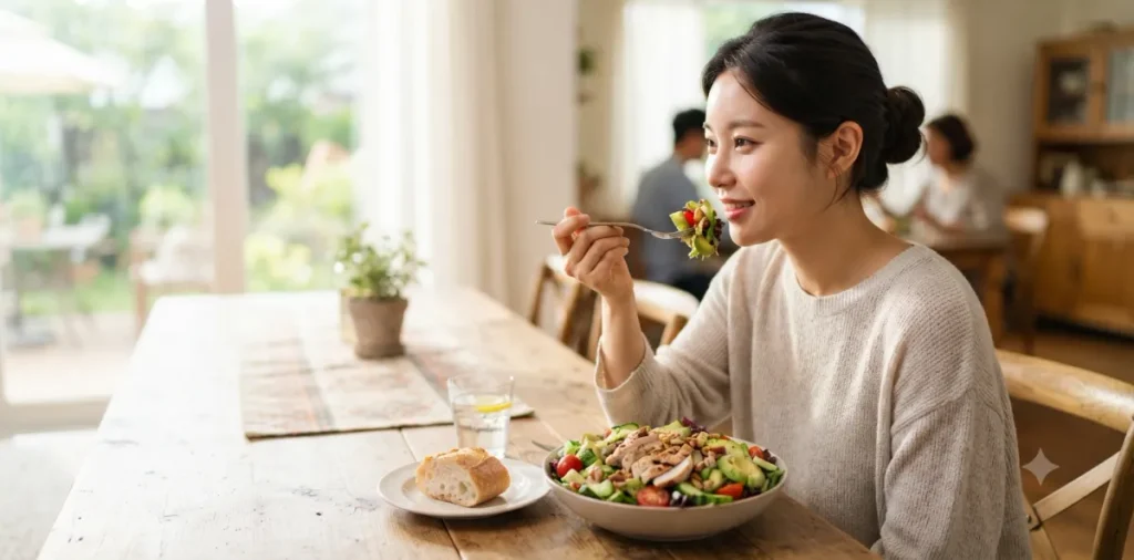 혈중 포도당이 치솟는 공복 혈당 스파이크 부작용을 막기 위해 채소를 먹는 모습