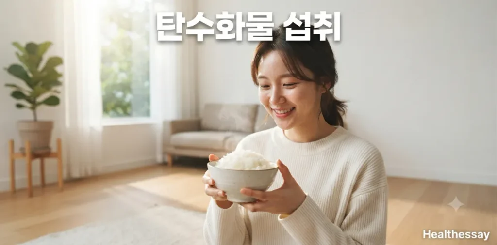 탄수화물 부족 근손실 해결: 글리코겐 고갈의 근육 분해 이유 2 탄수화물 부족 근손실 문제를 막기 위해서 식사 시간에 밥그릇을 들고 있는 모습