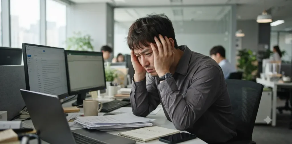 탄수화물 부족 근손실 해결: 글리코겐 고갈의 근육 분해 이유 5 탄수화물 안먹으면 생기는 일 중에서 대표적인 머리 멍함과 피로감을 겪고 있는 모습