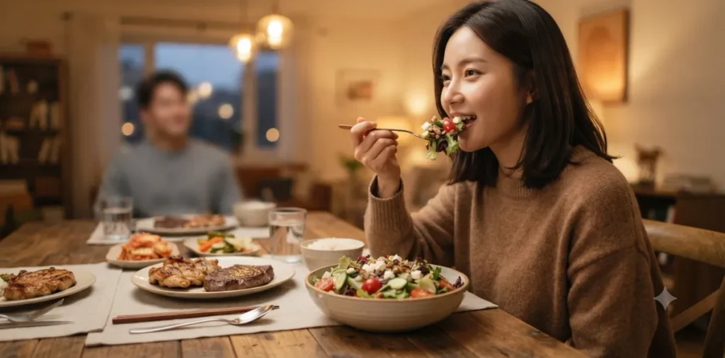 탄수화물 부족 근손실 해결: 글리코겐 고갈의 근육 분해 이유 7 아미노산 대사 효율을 높이려고 단백질 섭취 전에 신선한 샐러드를 먼저 챙겨 먹는 모습