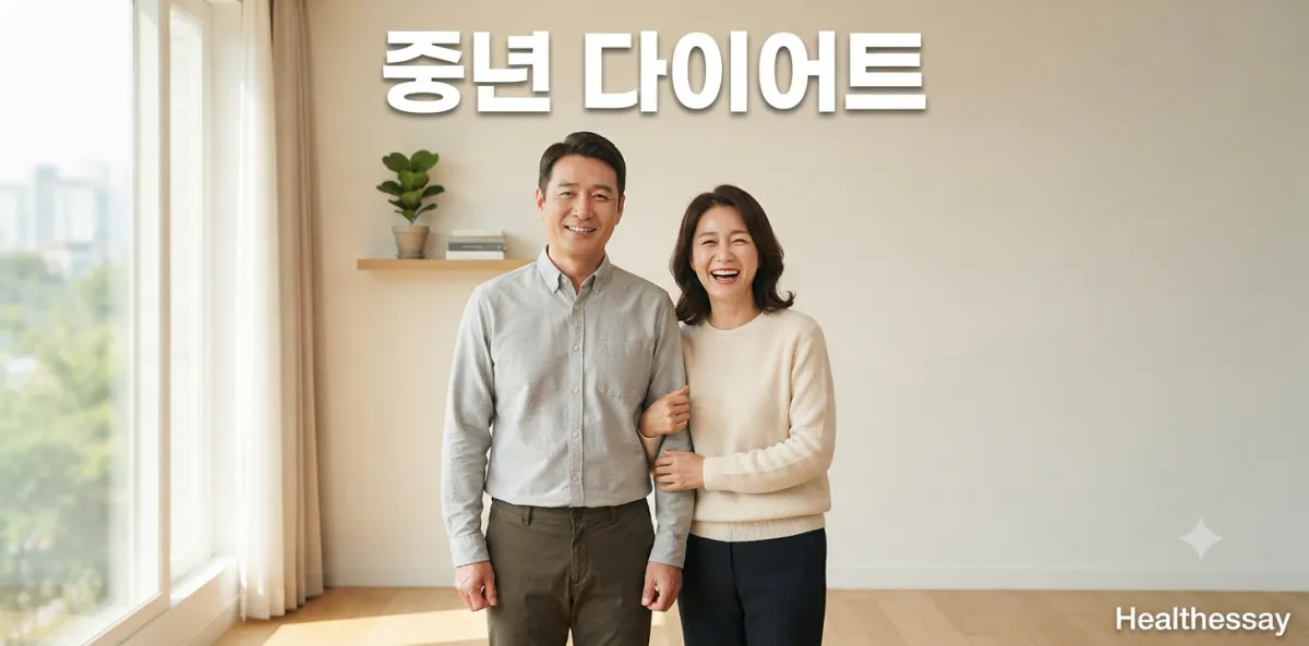 중년 다이어트 근손실 방지를 위해서 밝게 웃으며 건강을 챙기는 부부의 모습