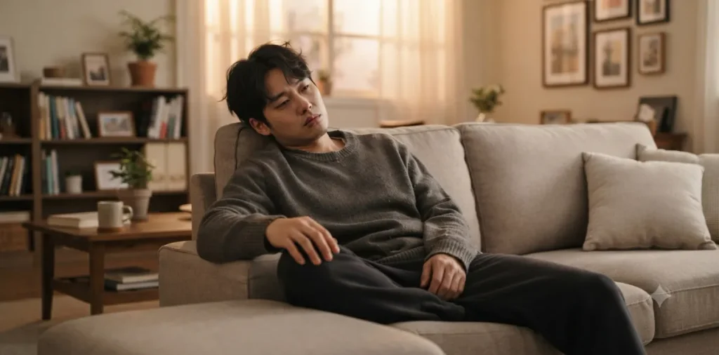 갱년기 기초대사량 저하 현상 때문에 평소보다 몸이 훨씬 무겁고 피로해진 모습
