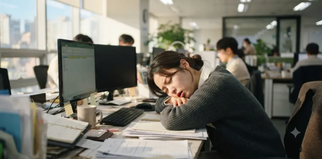 당뇨 혈당 관리 실패로 밥을 먹은 후에 참을 수 없는 식곤증이 갑자기 몰려온 모습