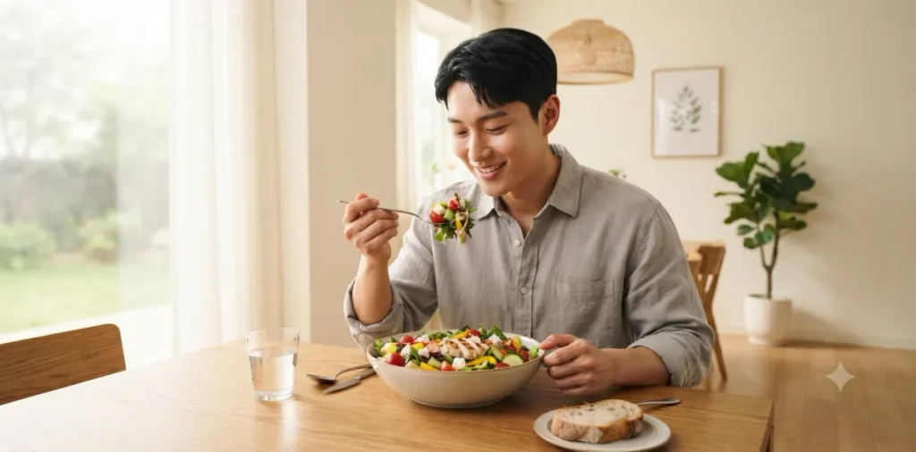 인슐린 저항성 다이어트 성공을 위해 식사할 때 신선한 채소를 가장 먼저 먹는 모습