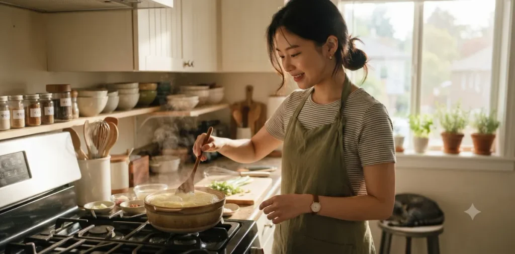 근감소증 예방 목적으로 소화가 아주 편안한 부드러운 계란찜을 정성껏 요리하는 모습