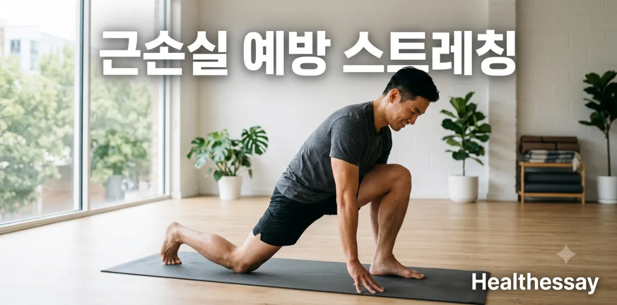 피로가 쌓인 남성이 요가 매트에서 근손실 예방 스트레칭 자세를 취한 모습