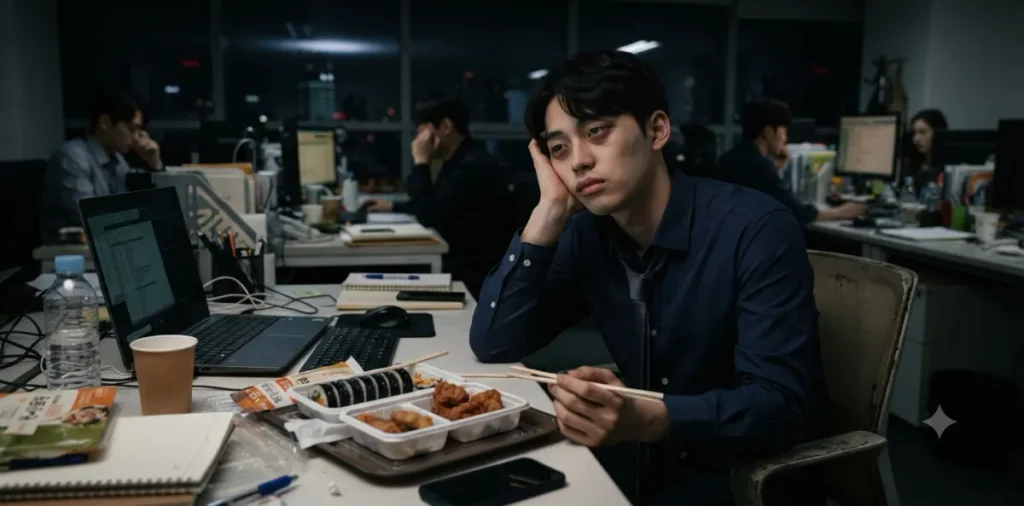 직장인 다이어트 식단표, 현실적인 일주일 체중 감량 가이드 3 일주일 체중 감량 목표를 잊은 채 야근 중 패스트푸드를 두고 지쳐있는 남성의 모습