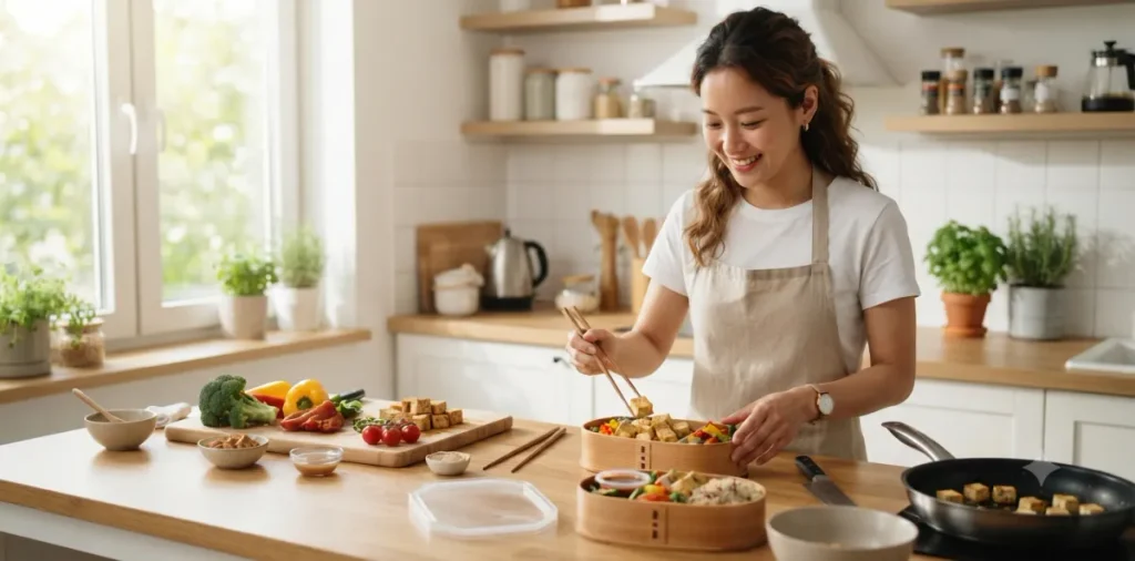 직장인 다이어트 식단표, 현실적인 일주일 체중 감량 가이드 4 현실적인 다이어트 식단 실천을 위해 아침 일찍 주방에서 도시락을 준비하는 모습