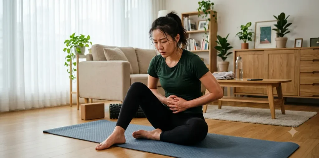 생리 기간 근손실 대처법, 생리중 몸무게 증가 막는 식단 3 요가 매트에서 운동 중 배를 감싸 쥔 여성이 여성 호르몬 근육 감소를 겪는 모습