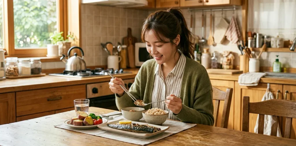 생리 기간 근손실 대처법, 생리중 몸무게 증가 막는 식단 5 식탁에서 생선구이와 현미밥으로 구성된 생리전 다이어트 식단을 섭취하는 모습