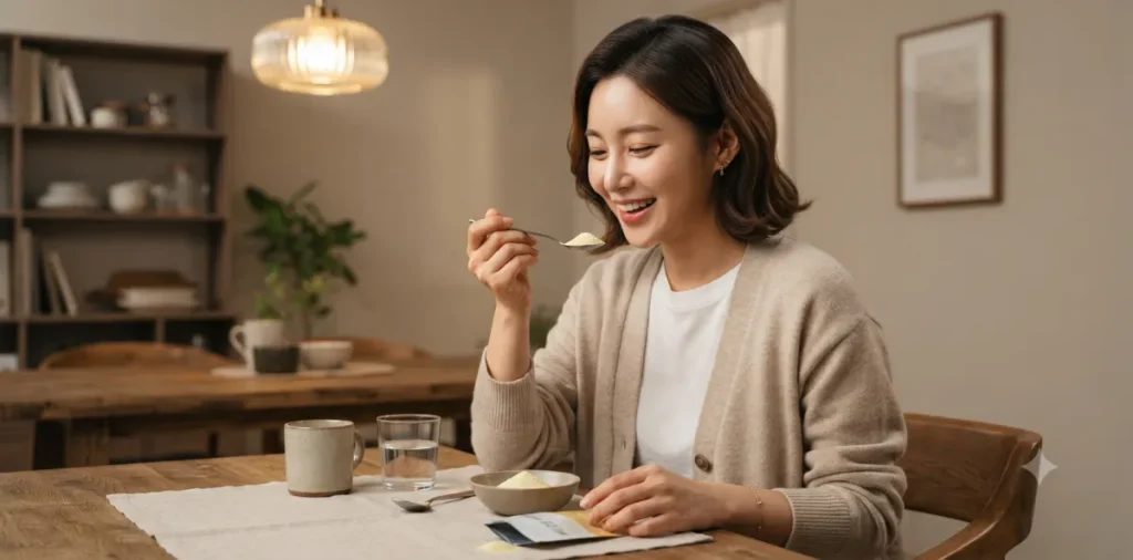 단백질 소화효소 가루를 숟가락으로 떠서 식사 후 입안으로 조심스럽게 털어넣는 모습