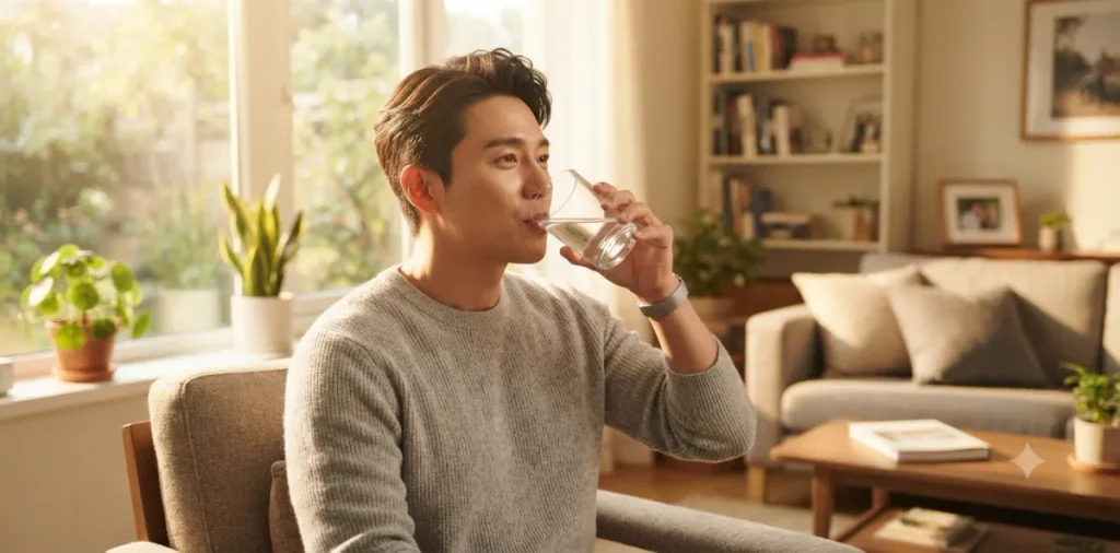 단백질 보충제 설사 원인 해결을 위해 물 한 잔을 컵에 담아 천천히 마시는 모습