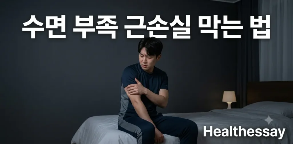 운동복 차림의 남성이 피곤한 얼굴로 팔뚝을 잡으며 수면 부족 근손실을 걱정하는 모습