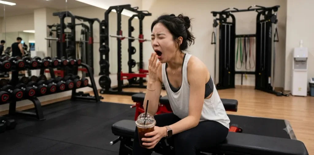 커피를 들고 하품하는 여성이 다이어트 밤샘 운동 근손실 위험에 노출된 모습