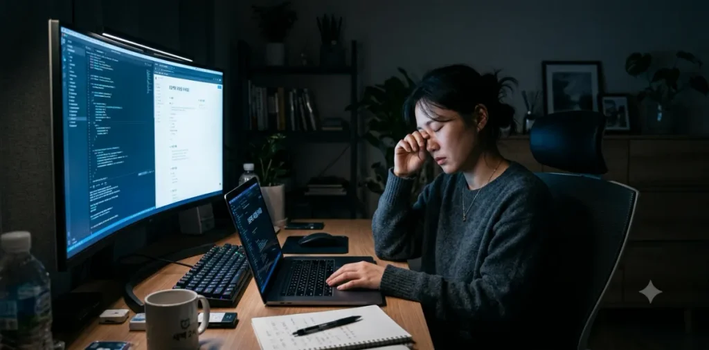 늦은 밤 노트북 앞에서 눈을 비비며 잠 못 자면 근육 감소가 생기는 것을 걱정하는 모습